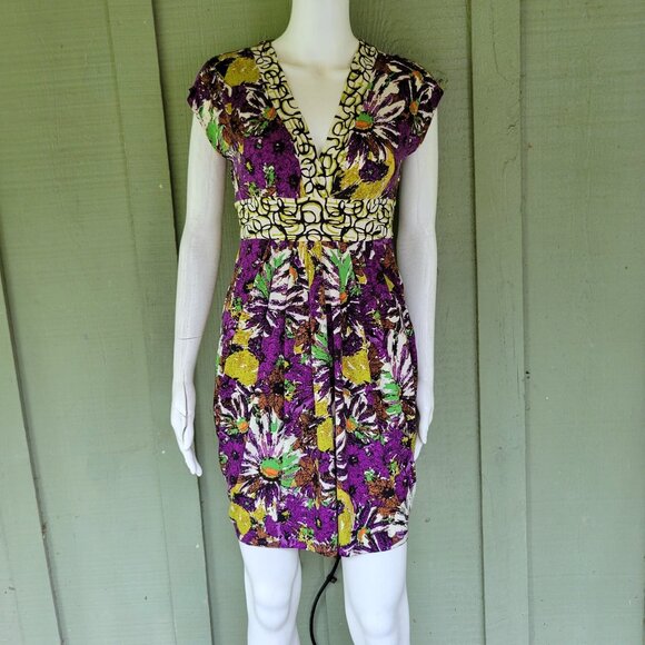 New ALI RO Purple Green Print Dress 0 - Picture 1 of 5